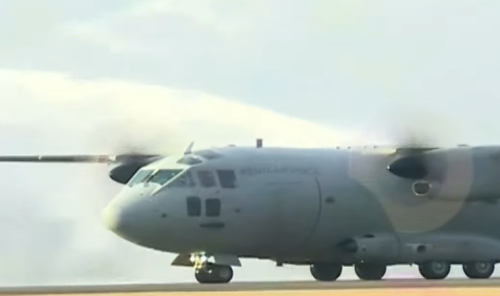 Water canon Salute accorded to Raila after landing at Kisumu airport. PHOTO//Screengrab by People Daily