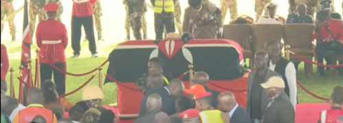 Raila’s casket, draped with a Kenyan flag, lying at Mamboleo on Saturday, October 18, 2025. PHOTO/A screengrab by PD Digital