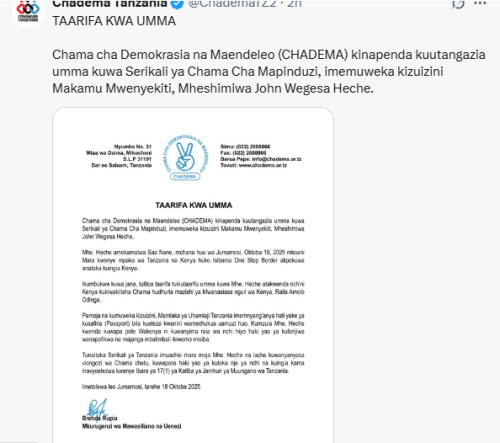 X post by Chadema Tanzania. PHOTO/Screengrab by People Daily Digital