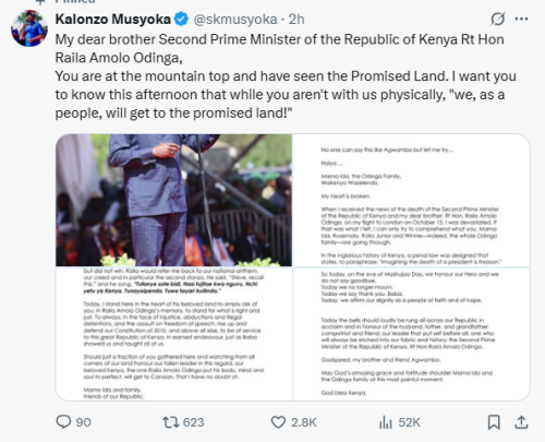 X post by Kalonzo Musyoka. PHOTO/Screengrab by People Daily Digital