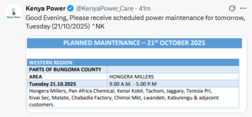 X post by Kenya Power. PHOTO/Screengrab by People Daily Digital