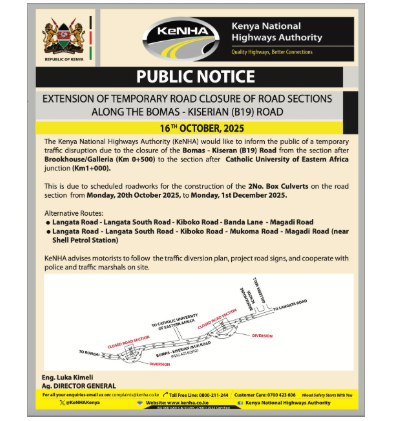 Public notice by KeNHA. PHOTO/Screengrab by People Daily Digital