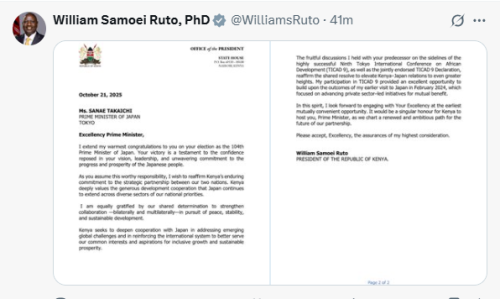 X post by William Ruto. PHOTO/Screengrab by People Daily Digital