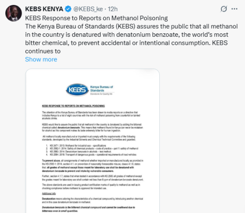 X post by KEBS. PHOTO/Screengrab by People Daily digital