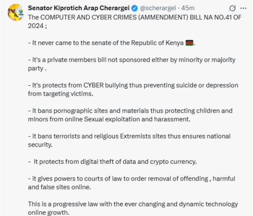 X post by Senator Cherargei. PHOTO/Screengrab by People Daily Digital