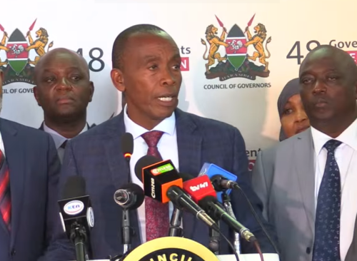 Kimani Wamatangi addresing a presser after managing to strike a deal with Kiambu doctors following a 150 day stand off. PHOTO//Screengrab by People Daily Digital