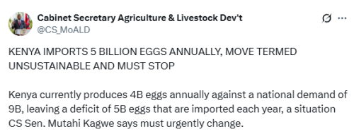 X post by the Ministry of Agriculture. PHOTO/Screengrab by People Daily Digital