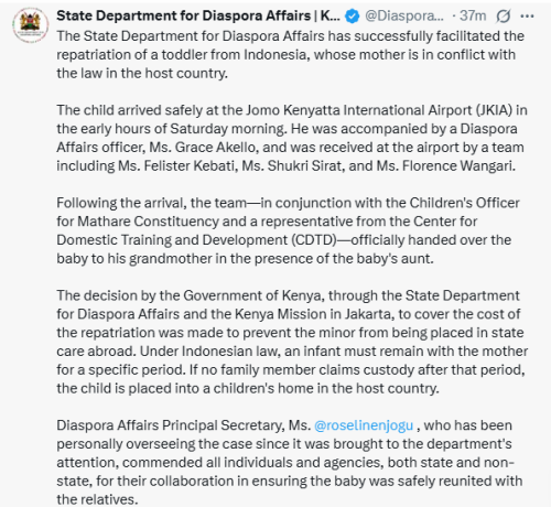 X post by State Department for Diaspora Affairs. PHOTO/Screengrab by People Daily Digital