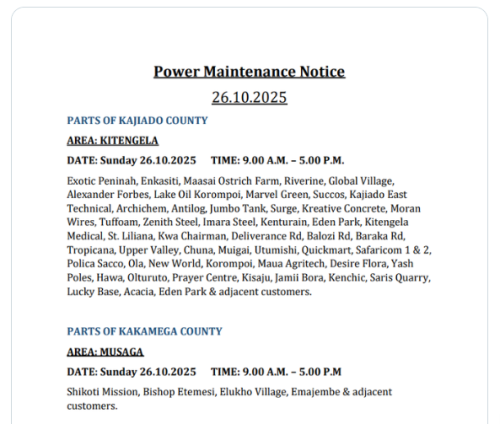 Notice by Kenya Power posted on their X account. PHOTO/Screengrab by People Daily Digital