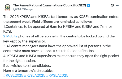 X post by KNEC. PHOTO/Screngrab by People Daily Digital