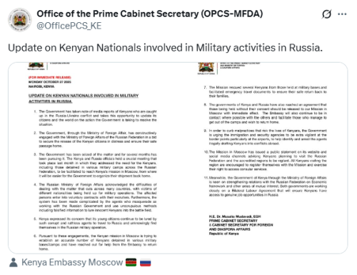 X post by 
Office of the Prime Cabinet Secretary. PHOTO/Screengrab by People Daily Digital