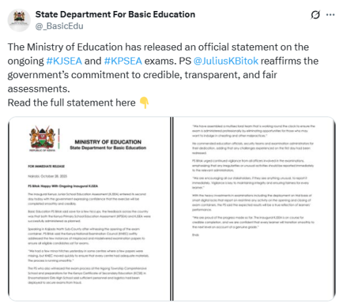 X post by State Department For Basic Education. PHOTO/Screengrab by People Daily Digital