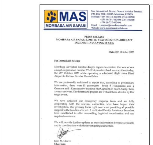 IG post of the statement by Mombasa Air Safari confirming the Kwale crash. PHOTO/Screengrab by People Daily Digital.