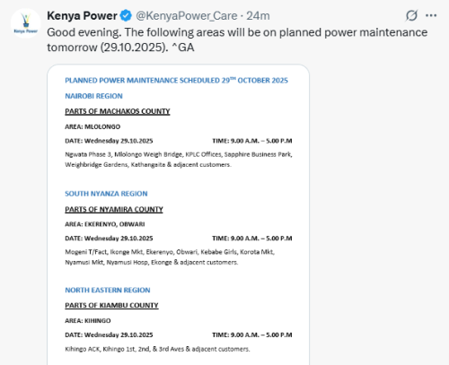 X post by Kenya Power. PHOTO/Screengrab by People Daily Digital