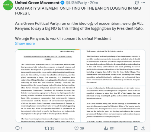 X post by the United Green Movement Party. PHOTO/Screengrab by People Daily Digital