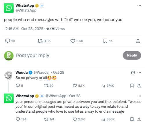 WhatsApp’s post on X that sparked confusion and privacy concerns. PHOTO/Screengrab by People Daily Digital