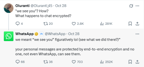 A WhatsApp reply on X reassuring users that messages remain end-to-end encrypted. PHOTO/Screengrab by People Daily Digital