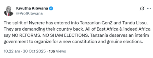 X post by Kivutha Kibwana. PHOTO/Screengrab by People Daily Digital