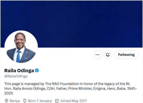 Raila Odinga’s X account now managed by the RAO Foundation. PHOTO/Screengrab by People Daily Digital.