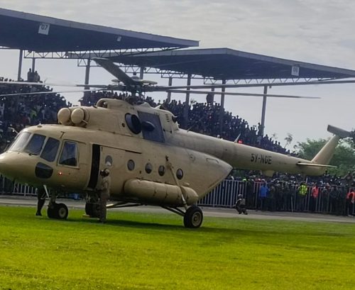 The Kenya Defence Forces helicopter at Mamboleo Stadium in Kisumu. PHOTO/railaodinga.go.ke