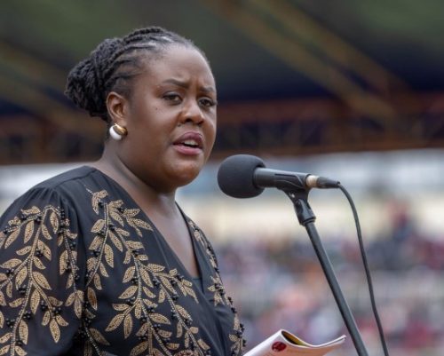 Winnie Odinga speaking during the state funeral on Friday, October 17, 2025. PHOTO/@WilliamsRuto/X