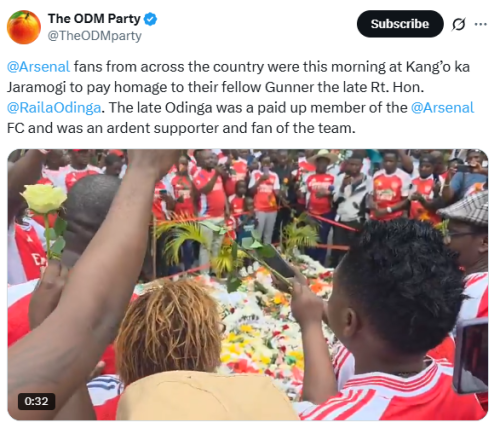 Statement of ODM confirming Arsenal fans' visit to Kang'o ka Jaramogi to pay homage to Raila Odinga. PHOTO/Screengrab by People Daily Digital/@TheODMparty