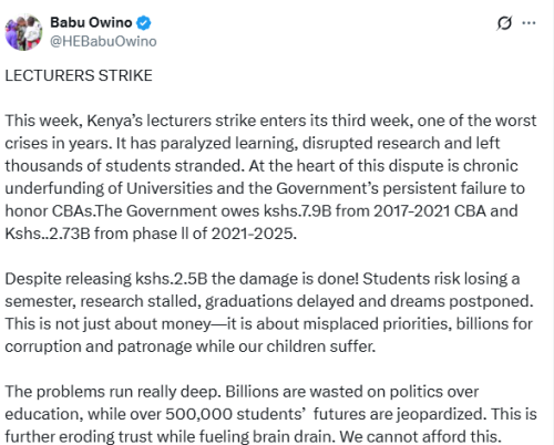 X statement of Embakasi East MP Babu Owino reacting on the lecturers strike on Wednesday, October 1, 2025. PHOTO/Screen grab by People Daily Digital/@HEBabuOwin/X