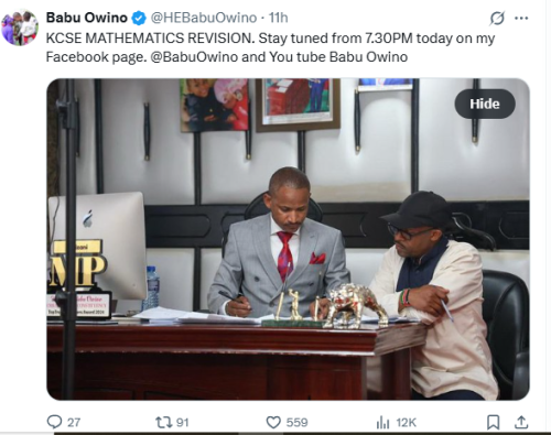 Statement of Babu Owino announcing KCSE mathas revision lessons on Saturday, October 25, 2025. PHOTO/Screengrab by People Daily Digital/@HEBabu Owino