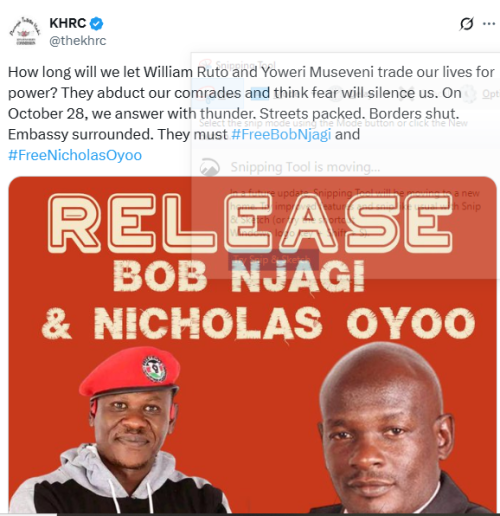 Statement of KHRC planning to storm Ugandan Embassy on Tuesday, October 28, 2025, forcing for release of Bob Njagi and Nicholas Oyoo. PHOTO/Screengrab by People Daily Digital/@thekhrc