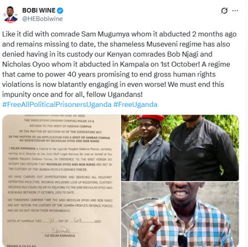 Statement of Bobi Wine on the disappearance of Bob Njagi and Nicholas Oyoo released on Wednesday, October 22, 2025. PHOTO/Screengrab by People Daily Digital/@HEBobiWine.