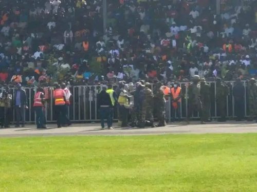 Crowds at Mamboleo Stadium on Satyrday, October 18, 2025 for Raila Odinga's body viewing. PHOTO/Screen grab by People Daily Digital
