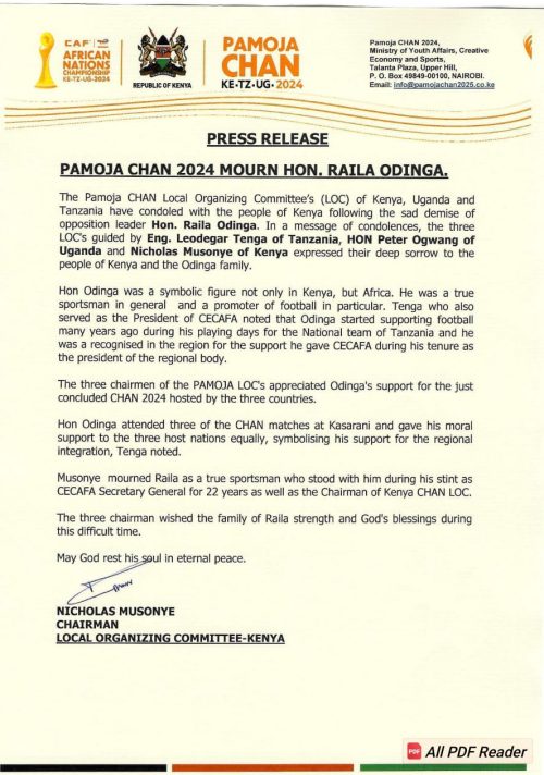 Statement of Pamoja CHAN 2024 organising committee on the demise of Raila  Odinga released on Thursday, October 16, 2025. PHOTO/ CHAN 2024