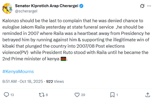 Statement of Samson Cherargei on the relationship betweeen Kalonzo Musyoka and Raila Odinga. PHOTO/Screen grab by People Daily Digital/@scherargei