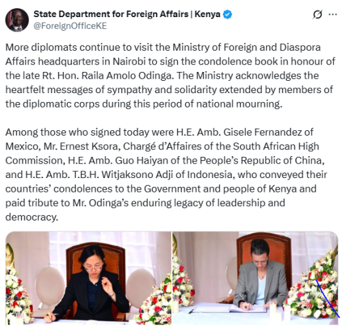 Statement of the Department for Foreign Affairs on Raila Odinga's condolence. PHOTO/Screengrab by People Daily Digital/@ForeignOfficeKE