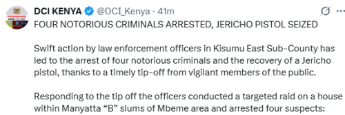 Statement of DCI on the recovery of Jericho pistol in Kisumu on Sunday, October 26, 2025. PHOTO/Screengrab by  People Daily Digital/@DCI_Kenya