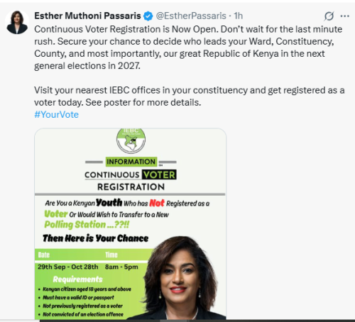Statement of Esther Passaris asking Kenyans to register early as voters on Monday, October 6, 2025. PHOTO/Screen grab by People Daily Digital/@EstherPassaris/X