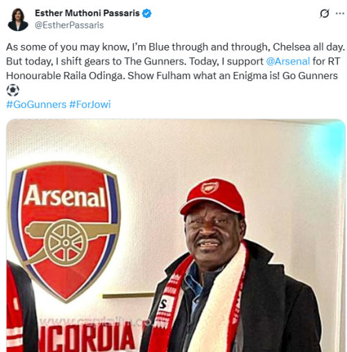 Statement of Esther Passaris supporting Arsenal in honour of Raila Odinga on Saturday, October 18, 2025. PHOTO/Screen grab by People Daily Digital/@EstherPassaris