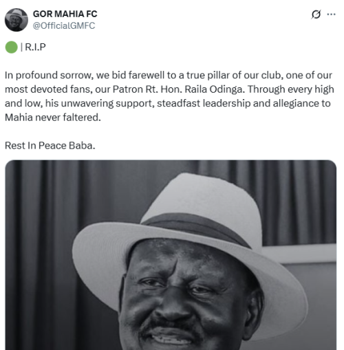 Club statement of Gor Mahia on Raila Odinga's passing. PHOTO/Screen grab by People Daily Digital/Gor Mahia
