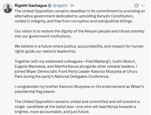 Statement of Rigathi Gachagua insisting on togetherness in the United Opposition on Friday, October 10, 2025 during Wiper NDC at Uhuru Park. PHOTO/Screen grab by People Daily Digital/@rigathi