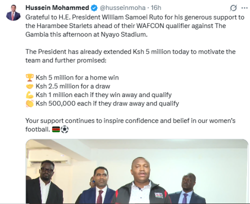 Statement of Hussein Mohammed thanking President Ruto for Harambee Starlets support on Friday, October 24, 2025. PHOTO/Screengrab by People Daily Digital/@husseinmoha