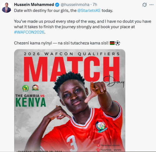 Statement of FKF President Hussein Mohammed promising to reward Harambee Starlets if they qualify for WAFCON 2026. PHOTO/Screengrab by People Daily Digital/@husseinmoha