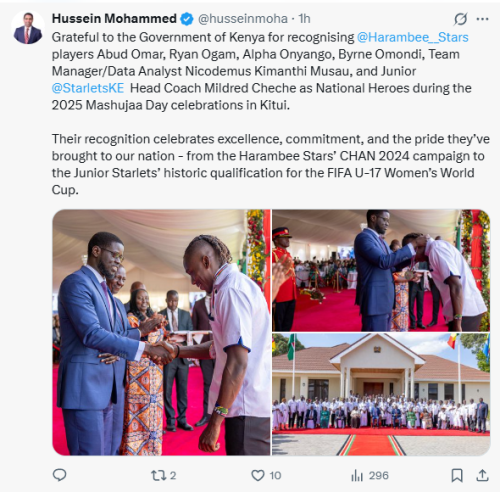 FKF President Hussein Mohamed on Harambee Stars players honouring on Mashujaa Day. PHOTO/Screengrab by People Daily Digital/@husseinmoha