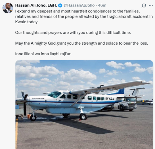 Statement of Hassan Joho condoling with Kwale Plane crash victims' families and friends. PHOTO/Screengrab by People Daily Digital/@HassanAliJoho