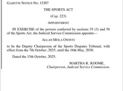 Gazette notice of JSC on appointment of new members to the Sports Dispute Tribunal. PHOTO/@jsckenya
