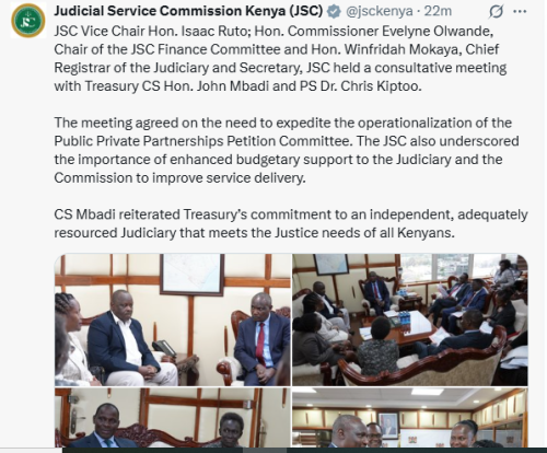 X statement of JSC confirming meeting with Treasury CS John Mbadi on Wednesday, October 1, 2025. PHOTO/Screen grab by People Daily Digital/@jsckenya/X