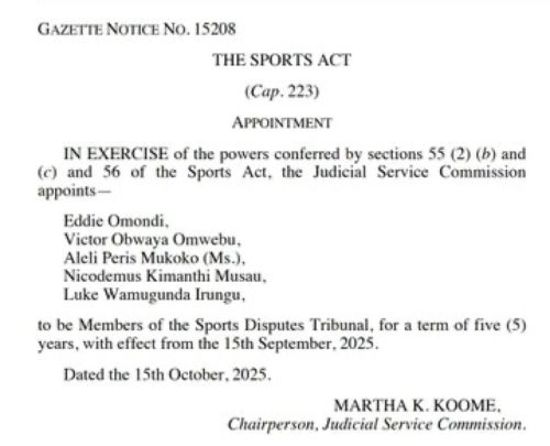 Gazette notice of JSC on appointment of new members to the Sports Dispute Tribunal. PHOTO/@jsckenya