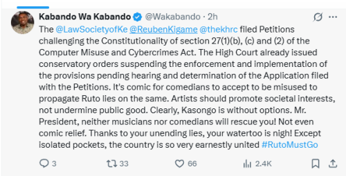 Statement of Kabando Wa Kabando on artists interpreting the Computer Misuse and Cybercrime Amendment Act 2024. PHOTO/Screengrab by People Daily Digital/Wakabando