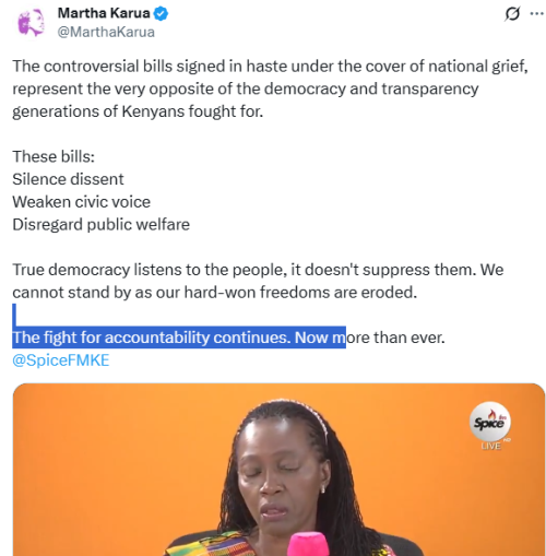 Statement of Martha Karua faulting the newly signed Bills into law by President William Ruto on Tuesday, October 21, 2025. PHOTO/Screengrab by People Daily Digital/@MarthaKarua