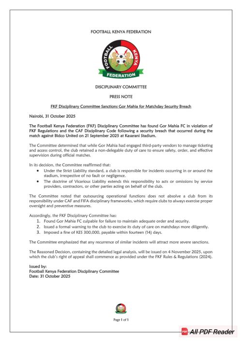 Statement of FKF on Gor Mahia sanctions released on Friday, October 31, 2025. PHOTO/FKF