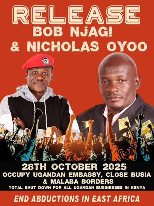 Notice of KHRC storming Ugandan Embassy forcing for release of Bob Njagi and Nicholas Oyoo. PHOTO/@thekhrc